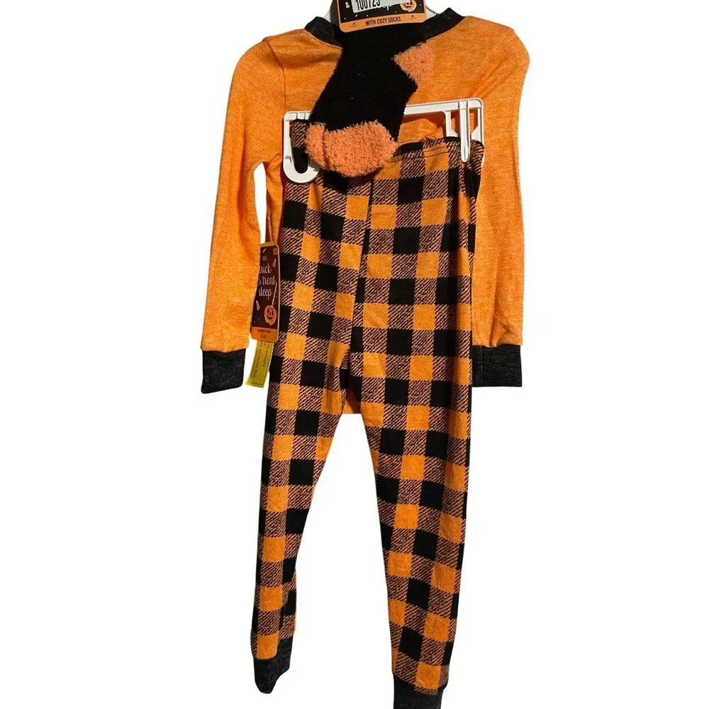 Trick Or Treat Sleep Kids Pajama Set 4T Pumpkin Top & Plaid Pants Orange/Black